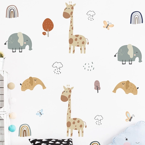Cartoon Animal Wall Stickers For Kids Room Nursery Decor PVC Giraffe Elephant Rainbow Boho Removable DIY Home Wall Decals