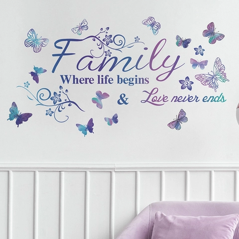 Adesivi Murali con Citazione Famiglia Farfalla Fiore PVC Impermeabile Rimovibile Sfumatura Viola Blu Decorazione Casa