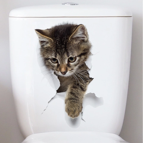 3D Realistische Katze Toilettenaufkleber Wasserdichtes PVC Wandtattoo Für Badezimmer Deko Süße Tiere Zerrissenes Loch Wandsticker