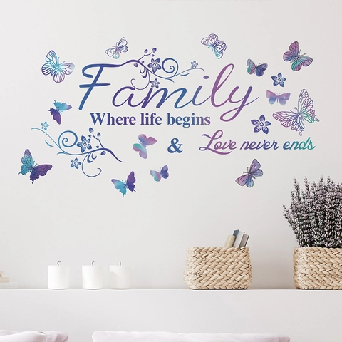 Adesivi Murali con Citazione Famiglia Farfalla Fiore PVC Impermeabile Rimovibile Sfumatura Viola Blu Decorazione Casa