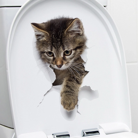 Adesivo per WC Gatto 3D Realistico Rimovibile Impermeabile in PVC Decalcomania da Parete per Bagno Casa Decorazione Creativa Animale