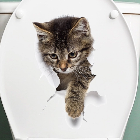 Adesivo per WC Gatto 3D Realistico Rimovibile Impermeabile in PVC Decalcomania da Parete per Bagno Casa Decorazione Creativa Animale