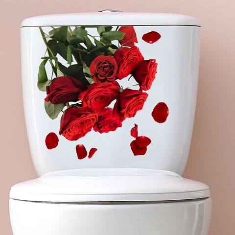 Adesivo per Gabinetto 3D Rosa Rossa Fiore Decalcomania da Muro in PVC Rimovibile per Bagno Decorazione Casa Impermeabile
