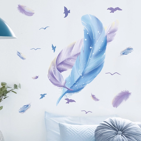 Dreamy Romantic Feather Flying Birds Wall Stickers PVC Waterproof Removable DIY Art Decal For Bedroom Living Room Home Decor