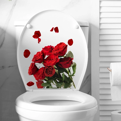 Adesivo per Gabinetto 3D Rosa Rossa Fiore Decalcomania da Muro in PVC Rimovibile per Bagno Decorazione Casa Impermeabile