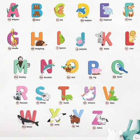 Cartoon 26 English Alphabets Animal Wall Stickers For Kids Room Nursery Kindergarten Decorative Waterproof PVC Education Alphabet Poster