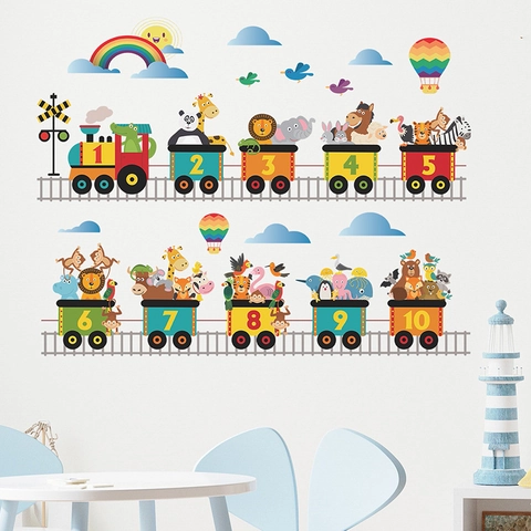 Cartoon Dieren Cijfer Trein Muurstickers PVC Verwijderbare DIY Stickers Voor Kinderkamer Babykamer Slaapkamer Decoratie