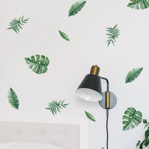 Tropical Green Plant Leaves Wall Sticker Monstera Palm Leaf Watercolor PVC Removable Self Adhesive Wall Decals For Living Room Home Decor