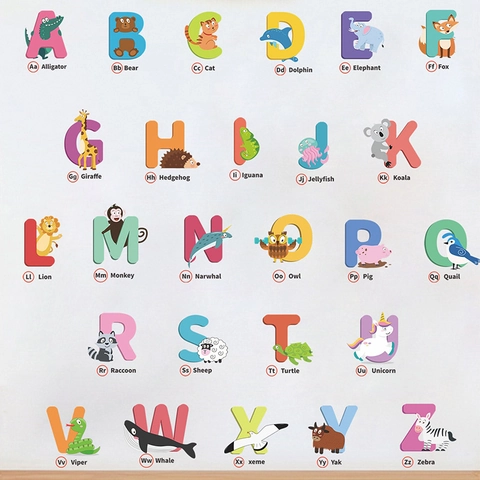 Cartoon 26 English Alphabets Animal Wall Stickers For Kids Room Nursery Kindergarten Decorative Waterproof PVC Education Alphabet Poster