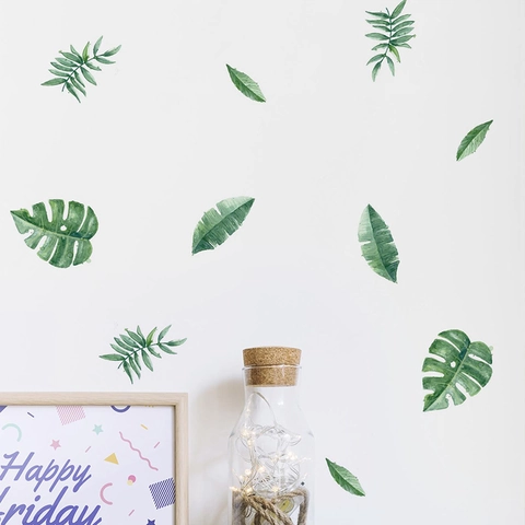 Tropical Green Plant Leaves Wall Sticker Monstera Palm Leaf Watercolor PVC Removable Self Adhesive Wall Decals For Living Room Home Decor