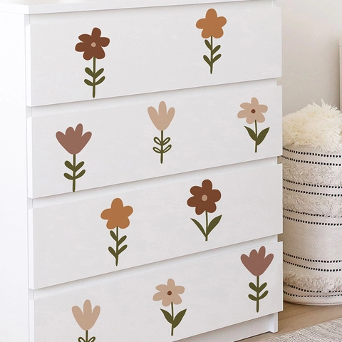 Lot de 6 Stickers Muraux Floraux Tons Terre Morandi Fleurs Boho PVC Auto-Adhésifs Décalcomanies Décoratives pour Salon Chambre