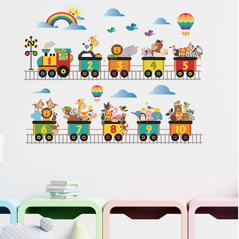 Cartoon Dieren Cijfer Trein Muurstickers PVC Verwijderbare DIY Stickers Voor Kinderkamer Babykamer Slaapkamer Decoratie