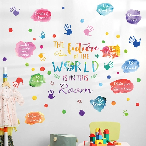 Vinilos Decorativos de Huellas de Manos y Frases Motivadoras de PVC Autoadhesivo para Dormitorio Infantil y Aula