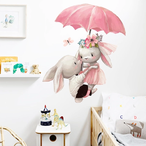Adesivo Murale Cartone Animato Coniglietto Con Ombrello Rosa PVC Removibile Autoadesivo per Cameretta Bambini Casa