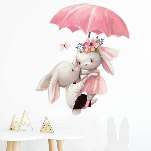 Adesivo Murale Cartone Animato Coniglietto Con Ombrello Rosa PVC Removibile Autoadesivo per Cameretta Bambini Casa