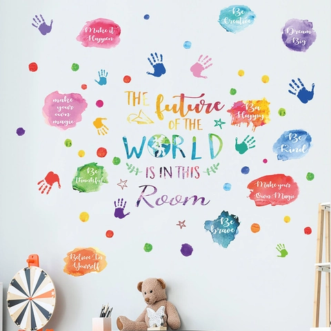 Vinilos Decorativos de Huellas de Manos y Frases Motivadoras de PVC Autoadhesivo para Dormitorio Infantil y Aula