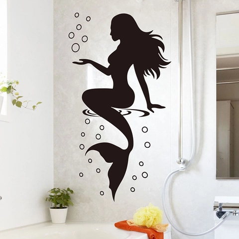 Modern Minimalistisch Zwart Zeemeermin Silhouette Muursticker Waterdichte PVC Zelfklevende Muurdecoratie Voor Badkamer Slaapkamer Home Decor