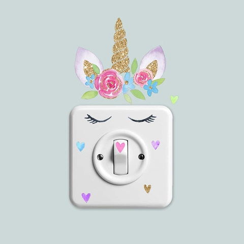 Unicorn Light Switch Sticker Flower Heart Pattern Gold Glitter DIY Wall Decor Self-Adhesive PVC Decal For Home Room Decoration