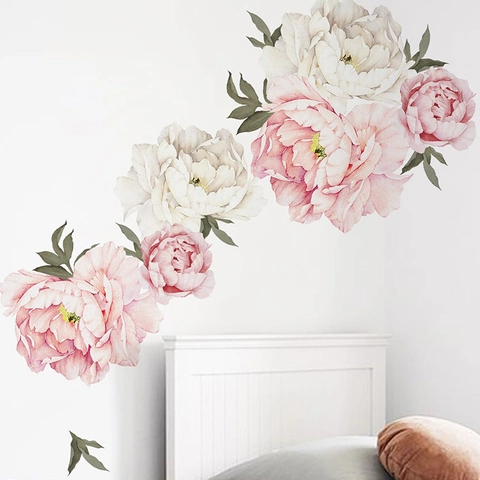 Romantic Watercolor Peony Flower Wall Sticker PVC Self-Adhesive Floral Decal For Kids Bedroom Living Room Home Decor