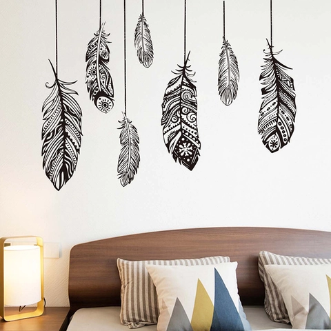 Bohemian Black Feather Wall Stickers Removable PVC Self Adhesive Wall Decals For Bedroom Living Room Home Decor Tribal Pattern