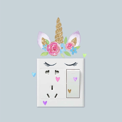 Unicorn Light Switch Sticker Flower Heart Pattern Gold Glitter DIY Wall Decor Self-Adhesive PVC Decal For Home Room Decoration