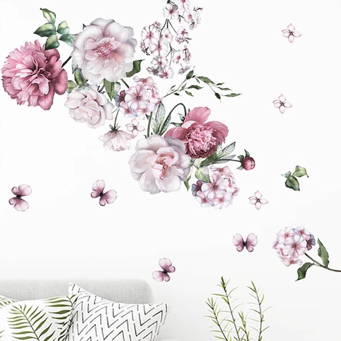Romantische Pioenrozen Muurstickers Aquarel Floraal Vlinders PVC Zelfklevende Muurdecoratie Voor Kinderkamer Slaapkamer