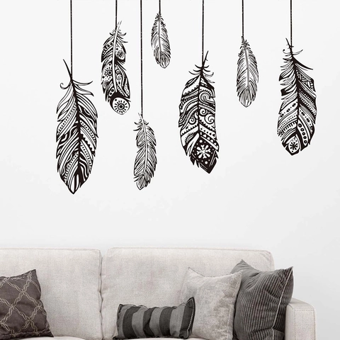 Bohemian Black Feather Wall Stickers Removable PVC Self Adhesive Wall Decals For Bedroom Living Room Home Decor Tribal Pattern