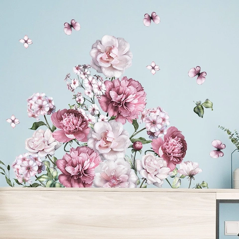 Romantische Pioenrozen Muurstickers Aquarel Floraal Vlinders PVC Zelfklevende Muurdecoratie Voor Kinderkamer Slaapkamer