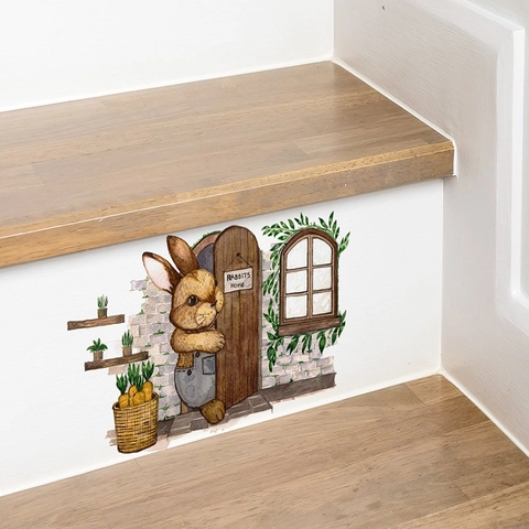 Watercolor Cartoon Rabbit Door Wall Sticker For Kids Room Nursery Home Decor PVC Waterproof Self-Adhesive Mural Decal