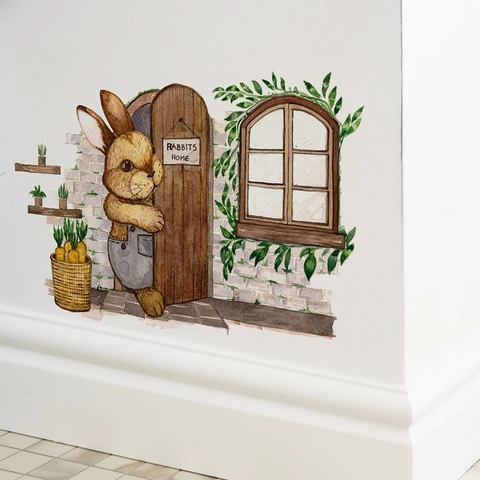 Watercolor Cartoon Rabbit Door Wall Sticker For Kids Room Nursery Home Decor PVC Waterproof Self-Adhesive Mural Decal