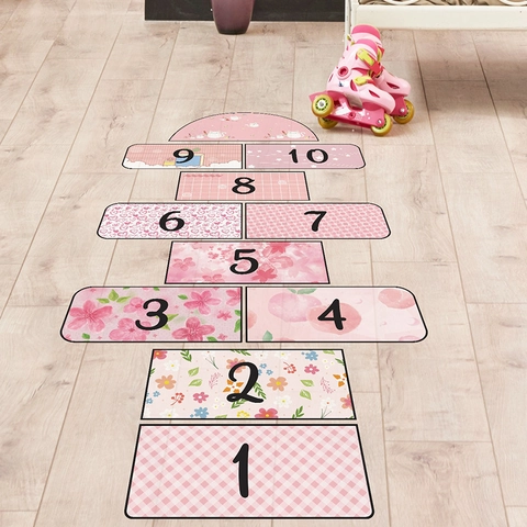 Cartoon Pink Hopscotch Floor Stickers For Kids Room PVC Waterproof Decorative Numbers Game Wall Decals For Bedroom Nursery