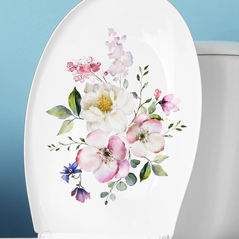 Adesivo per Gabinetto con Fiori e Farfalle Impermeabile Rimovibile PVC Decalcomania da Muro Bagno Fiori Acquerello Decorazione Casa