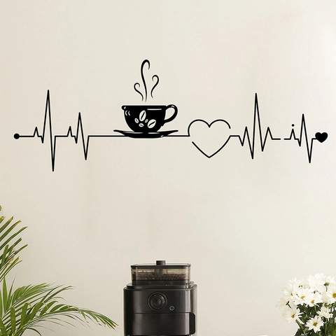 Modern Minimalist Coffee Cup Heartbeat Line Wall Sticker PVC Removable Heart Pattern Decor For Kitchen Cafe Restaurant