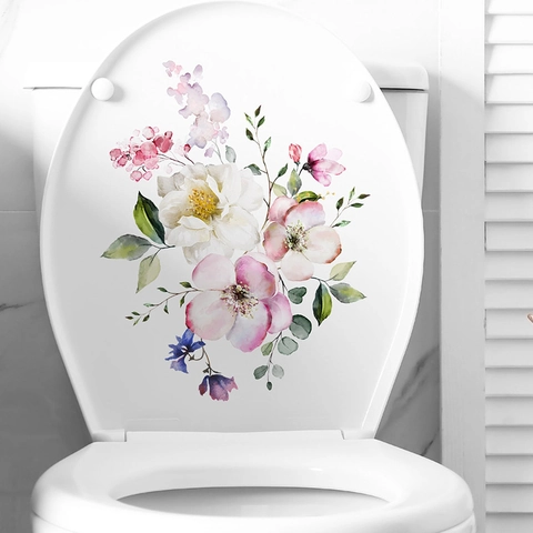 Adesivo per Gabinetto con Fiori e Farfalle Impermeabile Rimovibile PVC Decalcomania da Muro Bagno Fiori Acquerello Decorazione Casa