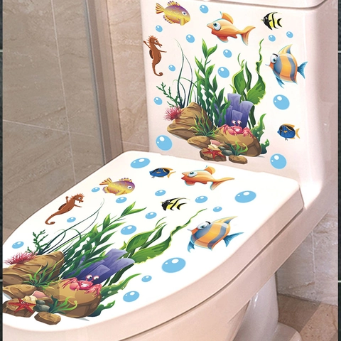 Pegatina para Asiento de Inodoro de PVC de Vida Marina Mundo Submarino Impermeable Decoración de Pared de Baño para Tapa