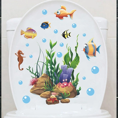 Pegatina para Asiento de Inodoro de PVC de Vida Marina Mundo Submarino Impermeable Decoración de Pared de Baño para Tapa