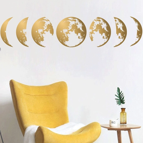 Adesivo da Parete Fasi Lunari Oro Texture Metallica PVC Removibile Autoadesivo Decalcomania per Soggiorno Camera da Letto