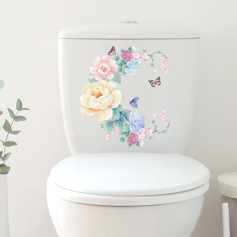 Adesivo per Coperchio del WC con Fiori Freschi e Farfalle in PVC Impermeabile Autoadesivo Decorazione per Bagno Casa