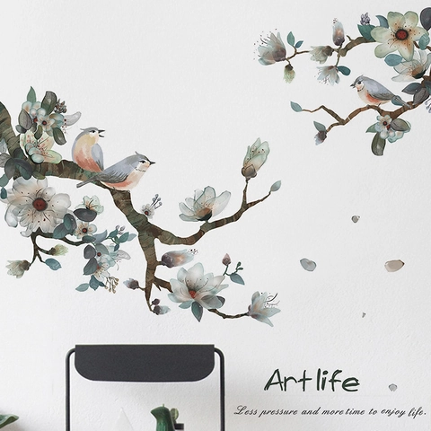 Pegatina de Pared de Ramas de Árbol y Pájaro Acuarela PVC Autoadhesivo Naturaleza Floral para Sala de Estar Dormitorio Hogar