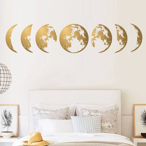 Adesivo da Parete Fasi Lunari Oro Texture Metallica PVC Removibile Autoadesivo Decalcomania per Soggiorno Camera da Letto