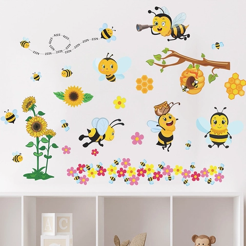 Cartoon Biene Sonnenblume Wandaufkleber PVC Selbstklebend Decals Für Kinderzimmer Kinder Schlafzimmer Home Decor Dekorative Wandkunst
