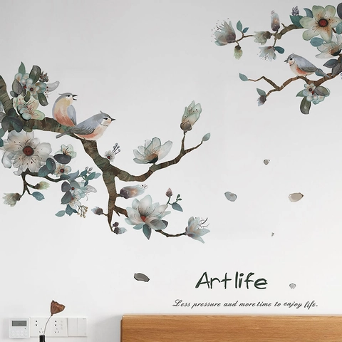 Pegatina de Pared de Ramas de Árbol y Pájaro Acuarela PVC Autoadhesivo Naturaleza Floral para Sala de Estar Dormitorio Hogar