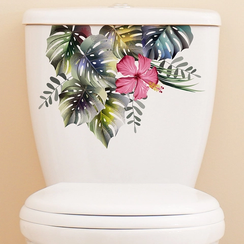 Tropische Blumen Blätter Toilettenaufkleber Wasserdicht PVC Monstera Hibiskus Muster Badezimmer Wandtattoo Selbstklebend Deko