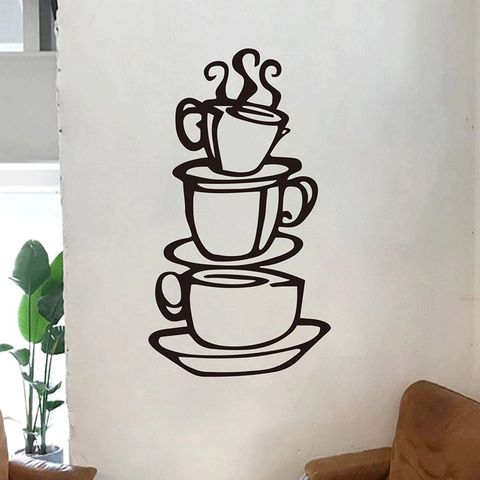 Adesivo da Parete Moderno Minimalista Tazzine da Caffè Rimovibile in PVC Fai da Te Murale per Cucina Bar Sala da Pranzo Casa Nero