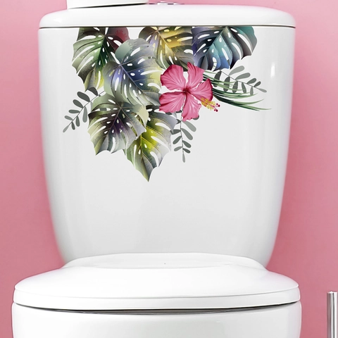 Tropische Blumen Blätter Toilettenaufkleber Wasserdicht PVC Monstera Hibiskus Muster Badezimmer Wandtattoo Selbstklebend Deko