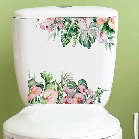 Tropical Plants Flowers Toilet Stickers Waterproof PVC Wall Decals For Bathroom Home Decoration Watercolor Floral Monstera Leaves