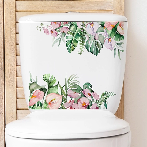 Tropical Plants Flowers Toilet Stickers Waterproof PVC Wall Decals For Bathroom Home Decoration Watercolor Floral Monstera Leaves