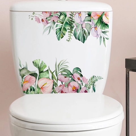 Aquarel Tropische Groene Planten Roze Bloem Toiletsticker Waterdicht PVC Verwijderbaar Badkamer Decor Muursticker (M-243)