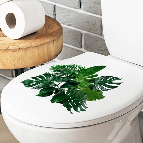 Autocollant de Toilette Feuilles de Monstera Tropicales en PVC Imperméable Décoration de Salle de Bain Plante Verte