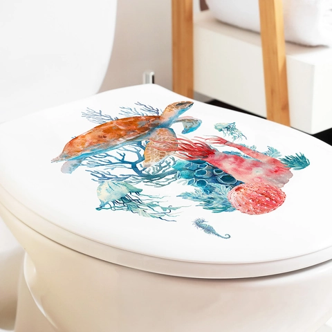 Aquarell Meereslebewesen Toilettenaufkleber Schildkröte Koralle PVC Wasserdicht Selbstklebend Badezimmer Wandtattoo Dekor